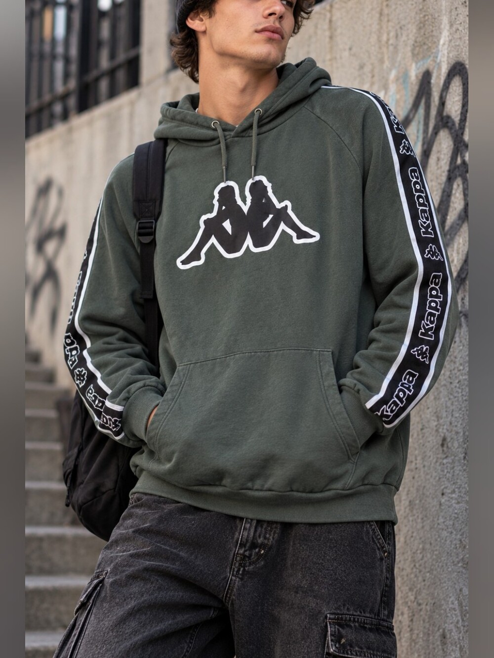 Kappa  Hoodie Mens M Logo Tape Sleeve Streetwear Y2K Sweatshirt
